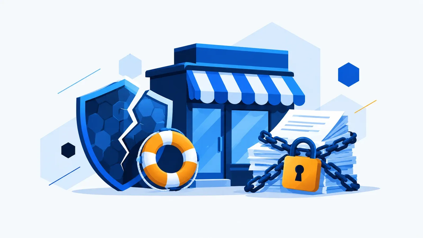 Commerce avec bouclier fissuré, bouée de sauvetage et cadenas sur une pile de factures