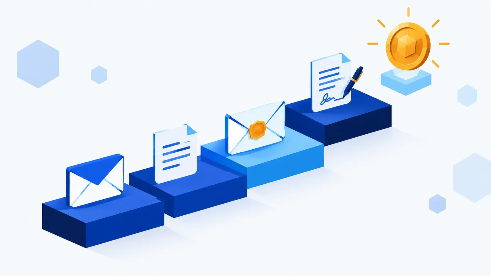 Escalier de quatre marches portant un email, une lettre, un recommandé et un accord signé, menant à une pièce d'or